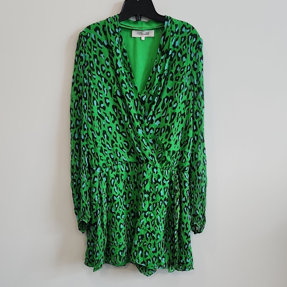 Diane Von Furstenberg Green Leopard Print Romper Style Dress, Size L